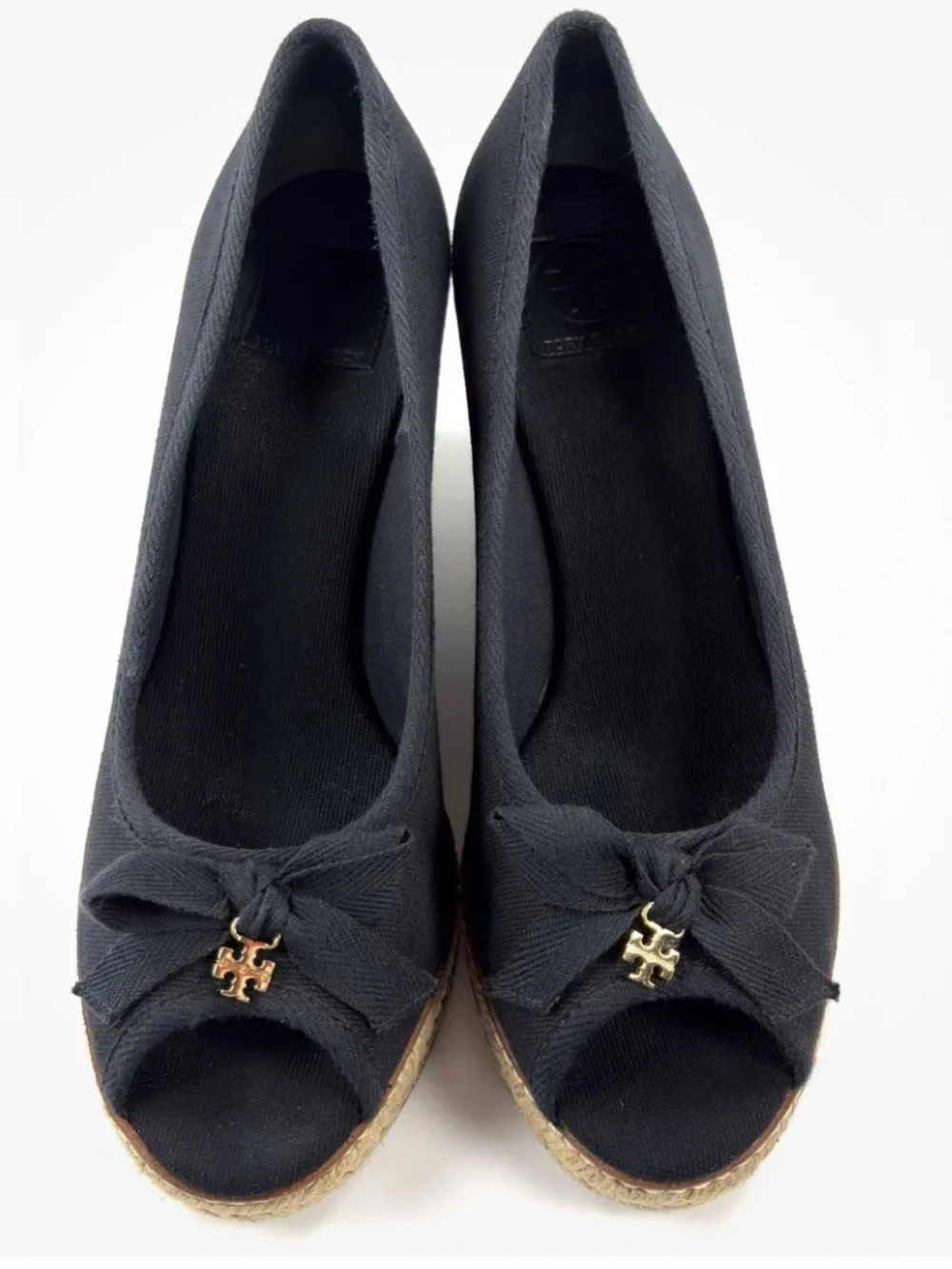 Tory Burch Jackie Espadrille Wedge Pumps Black Canvas Peep Toe Bow Size 8